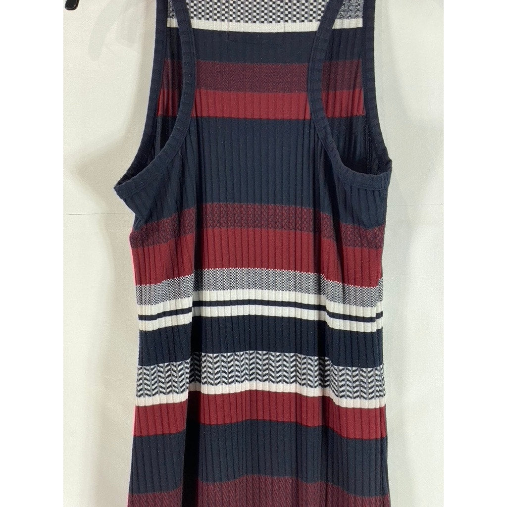 SUPERDRY Women's Navy/Red Striped Crewneck Sleeveless Fitted Midi Dress SZ 12