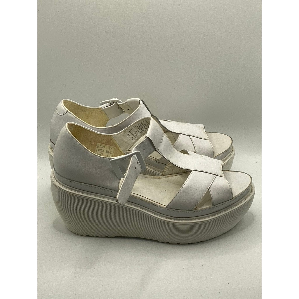 DR. MARTENS Women's White T-Strap Peep-Toe Wedge Platform Sandals SZ 8