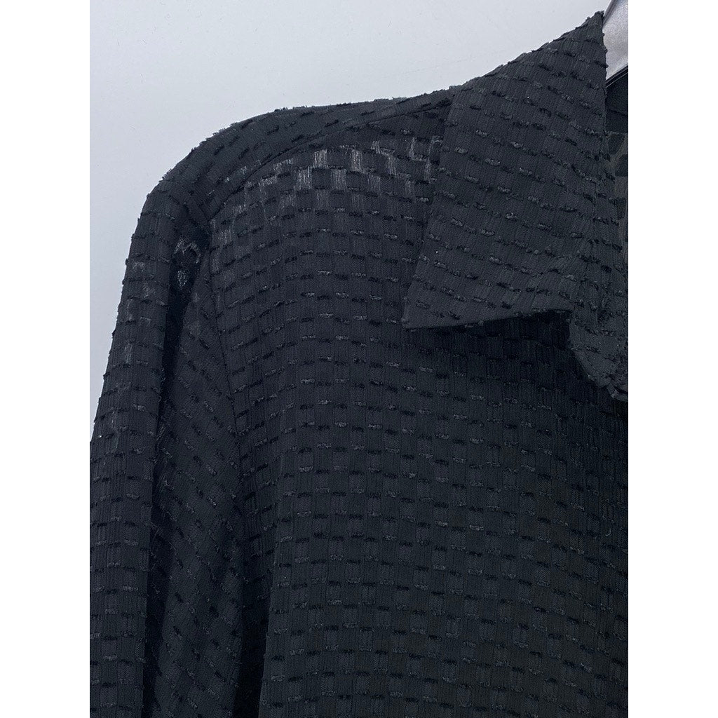 ZARA Women’s Black Sheer Mini Checkered Long Sleeve Button-Up Top SZ L