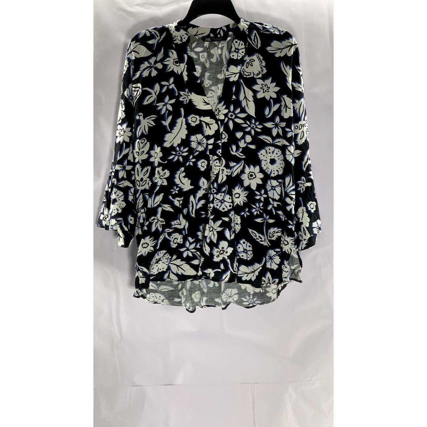 ZARA Women's Black/White Floral V-Neck Long Sleeve Tunic Top SZ S