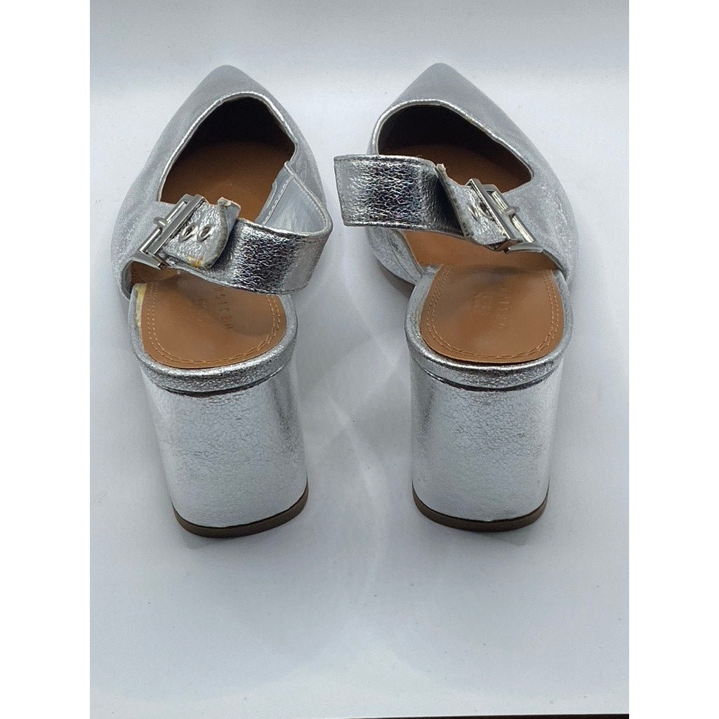 ASOS DESIGN Women's Silver Metallic Pointed-Toe Slingback Block Heel Pumps SZ 7
