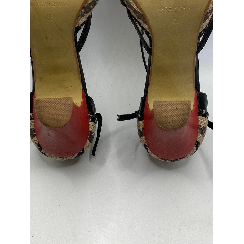 FARYL ROBIN Women’s Black Hay Woven Cutout Closed Toe Ankle-Strap Sandals SZ 6.5