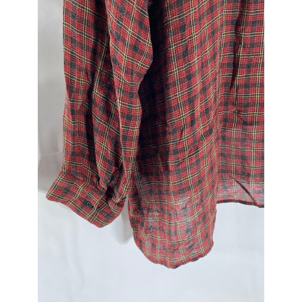 ZARA Women's Red/Green Plaid Long Sleeve Hi-Low Hem Henley Top SZ M