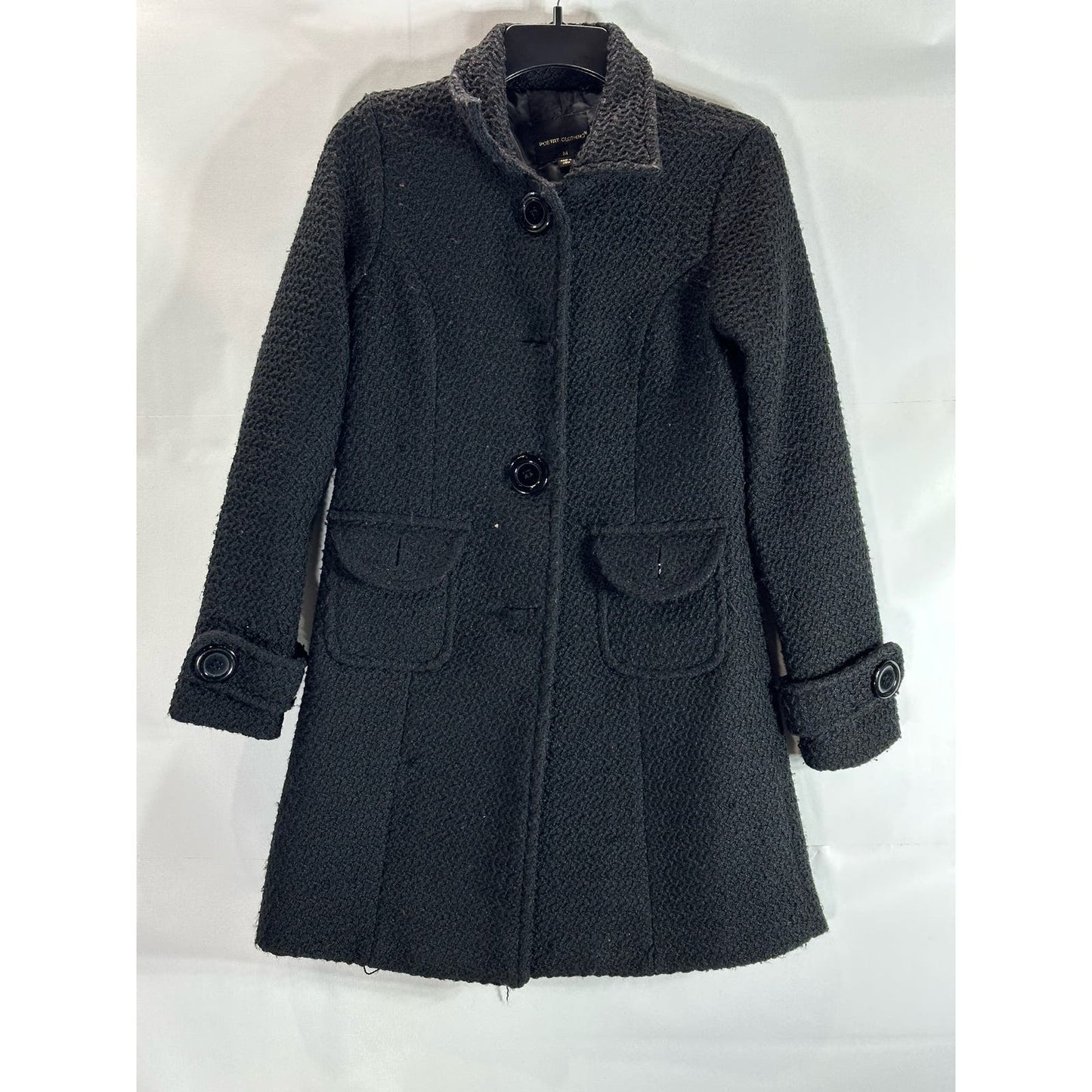 POETRY CLOTHING Women's Black Textured Four-Button Collar Coat SZ M