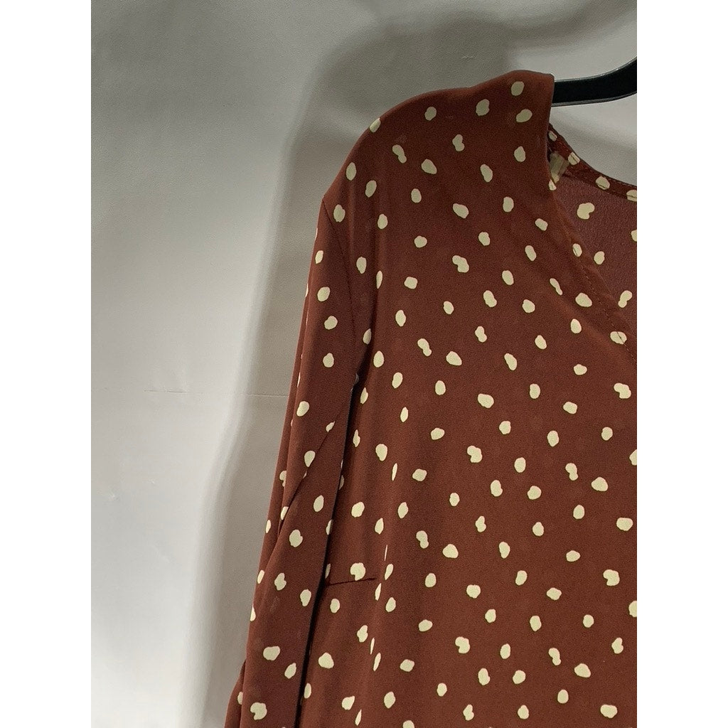 ALL IN FAVOR Women's Dark Brown/White Polka Dot V-Neck Long Sleeve Top SZ S