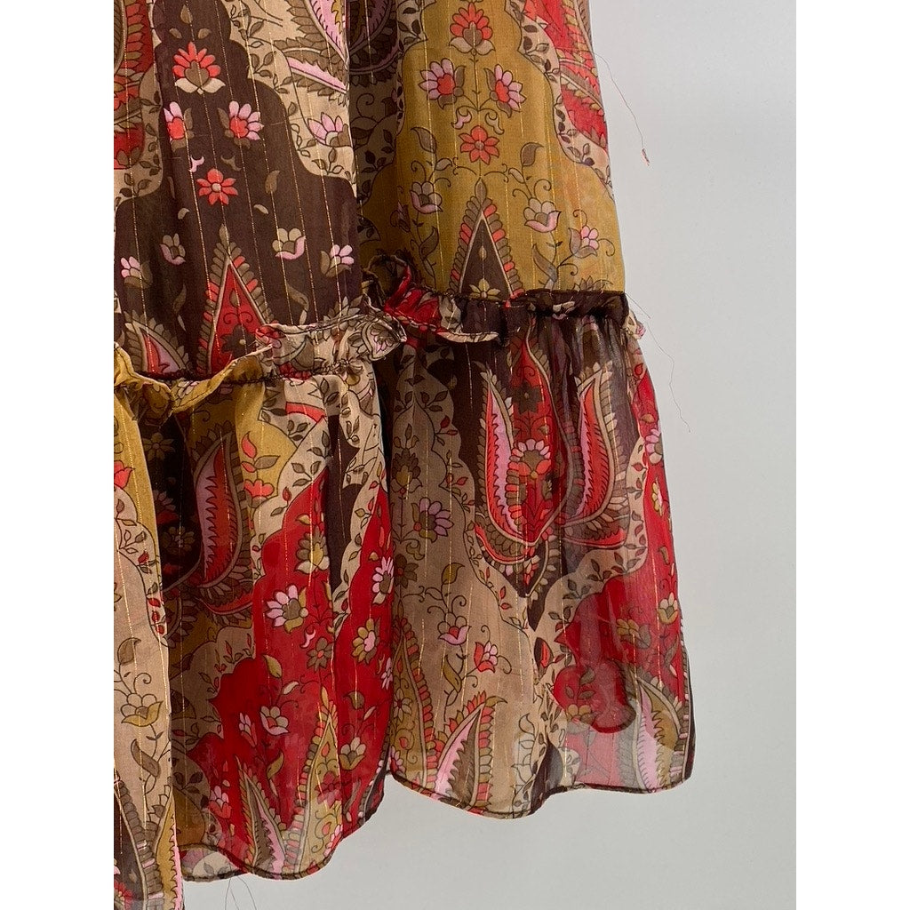 ZERO ZERO Women's Red-Tan Printed Tiered A-Line Knee Length Skirt SZ M