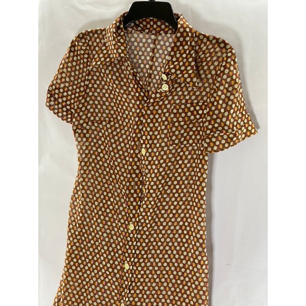 UNBRANDED Women's Brown Sheer Printed Short Sleeve Button-Front Shirt Dress SZ M