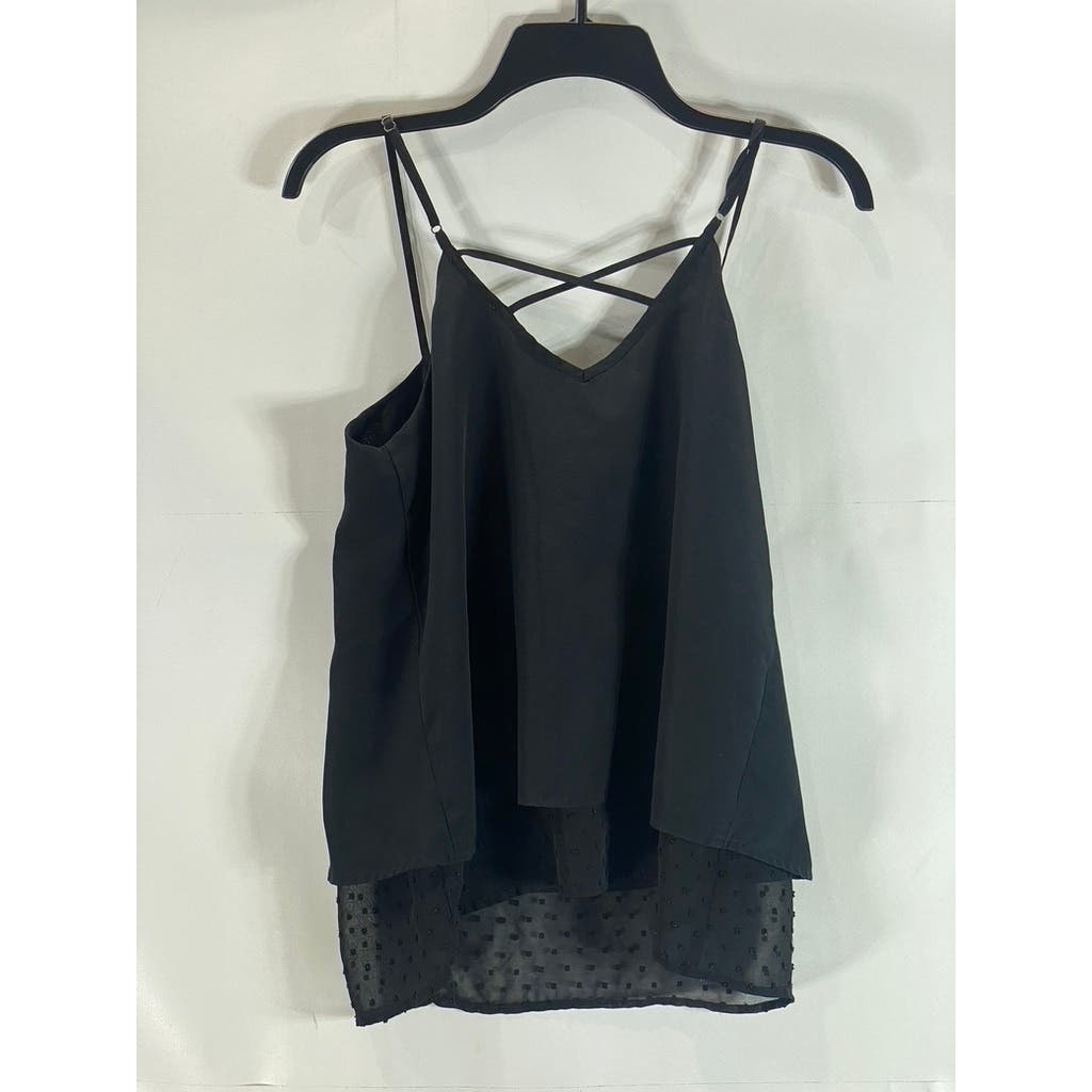 BAR III Women's Black V-Neck Embroidered Dot Cross Back Cami Top SZ S