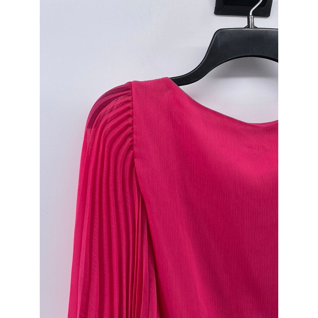 ALFANI Women's Pink Scoop-Neck Pleated Sheer Long Sleeve Bubble-Hem Top SZ 8