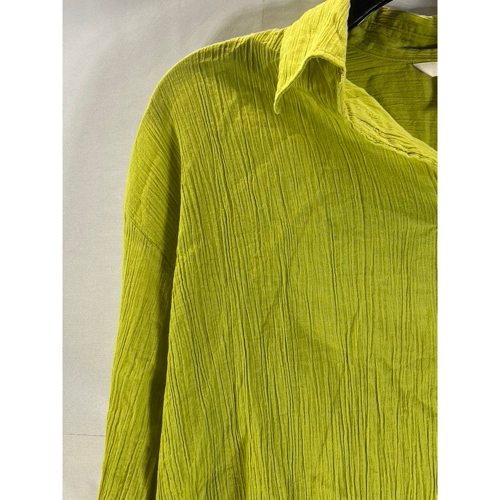 H&M Women's Yellow-Green Oversized Crinkle Long Sleeve Button-Up Top SZ S