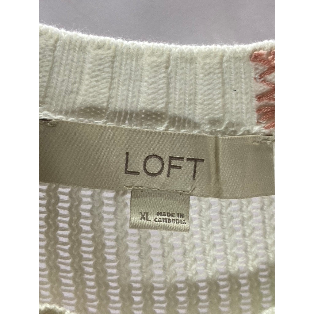 LOFT Women's White Knit Crewneck Elliptical Hem Pullover Sweater SZ XL