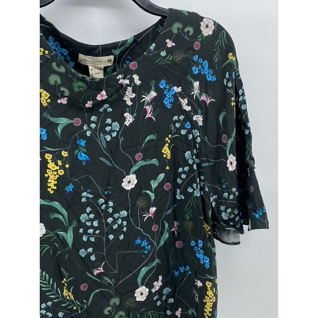 ANNA GLOVER X H&M Women's Black Floral Print Crewneck Short Sleeve Top SZ 4