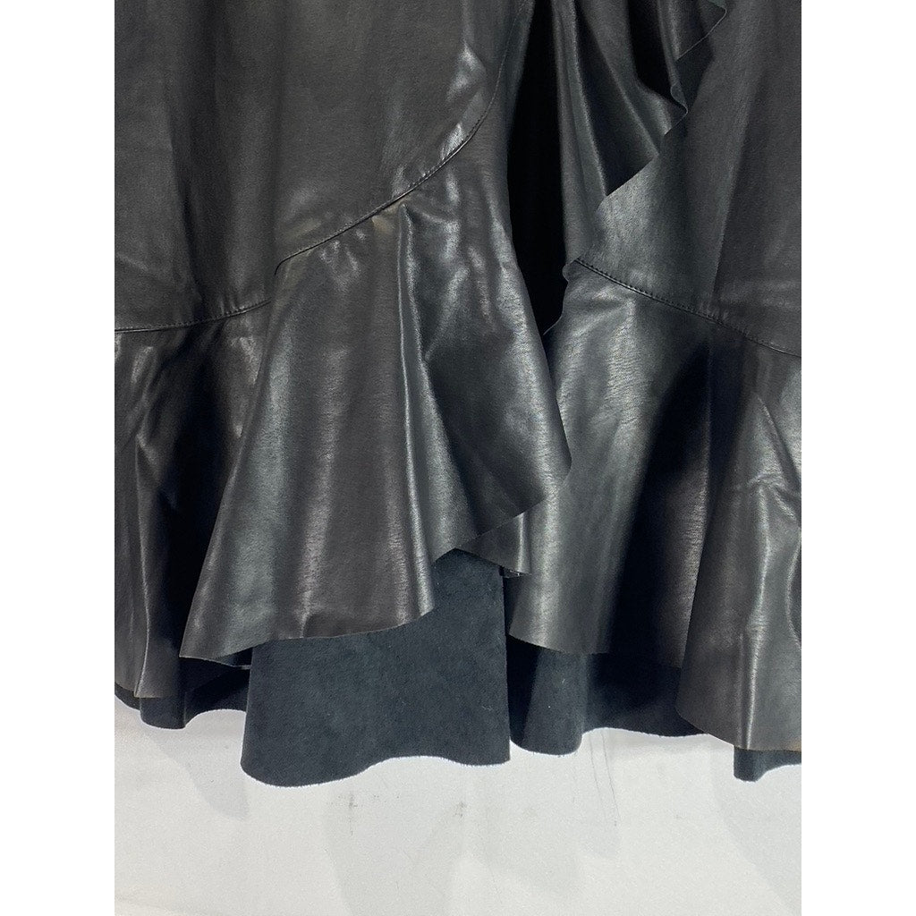 RACHEL RACHEL ROY Women's Black Faux Leather Ruffled Knee Length Skirt SZ 4