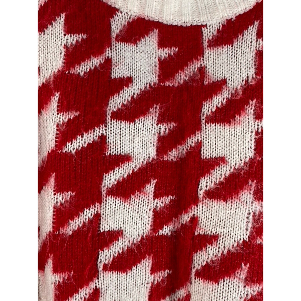 KLESIS Women's Cream/Red Houndstooth Crewneck Knit Cropped Sweater SZ M/L