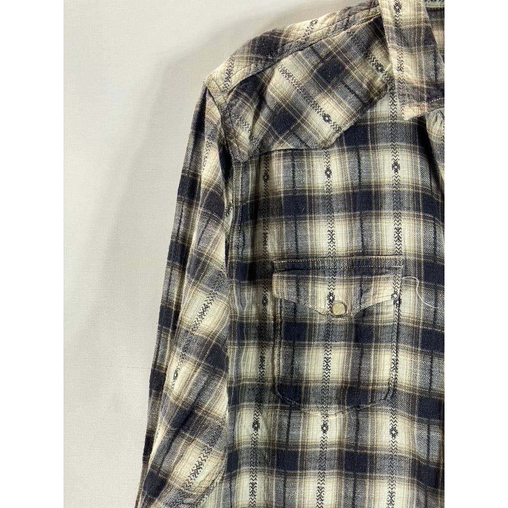 LUCKY BRAND Men's Cream/Gray Plaid Snap Button-Up Long Sleeve Western Shirt SZ L