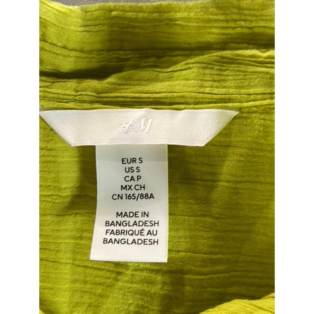 H&M Women's Yellow-Green Oversized Crinkle Long Sleeve Button-Up Top SZ S