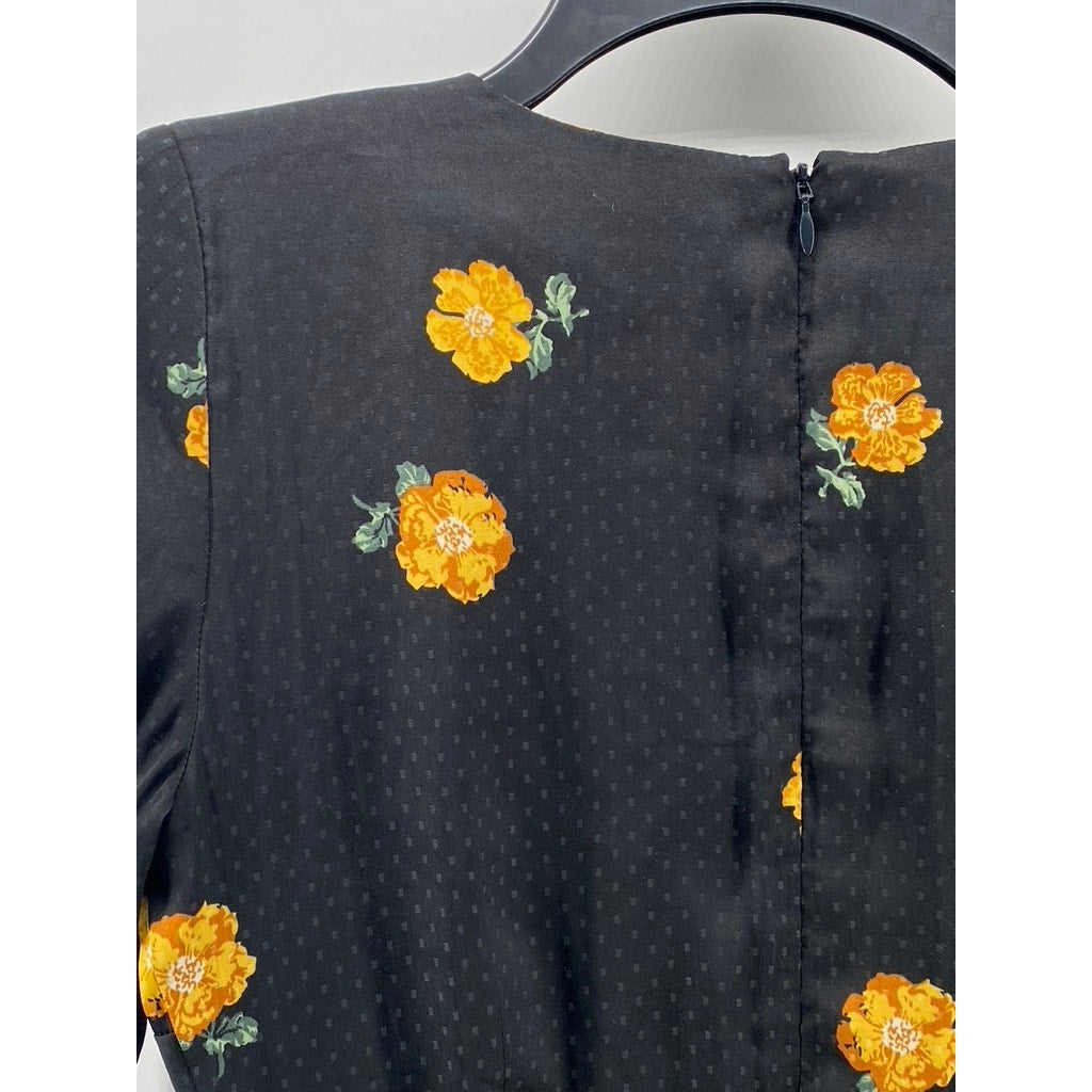 MADEWELL Women's Black-Yellow Lilyblossom Button-Front Long Sleeve Dress SZ 00