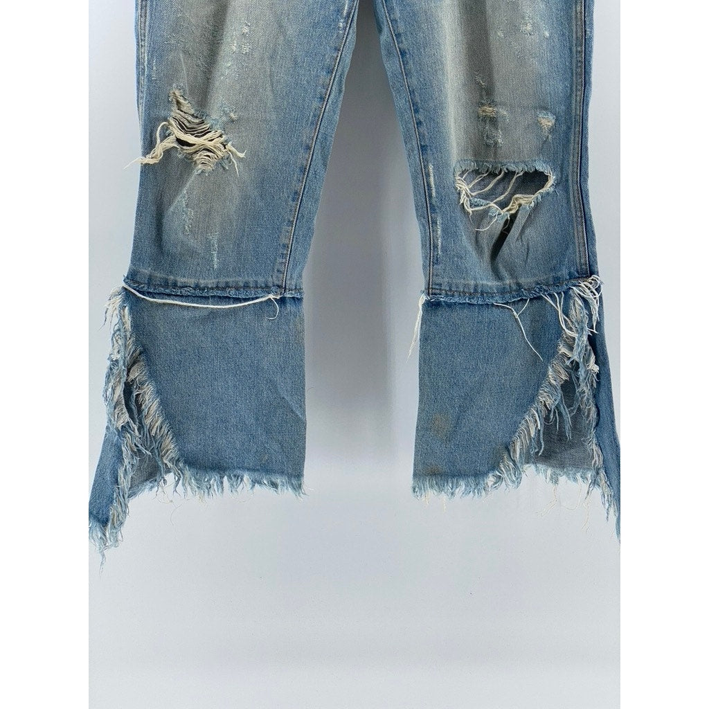 ZARA TRF IX'D Women's Light Blue Denim Distressed Flare Streetwear Y2K Jean SZ 8