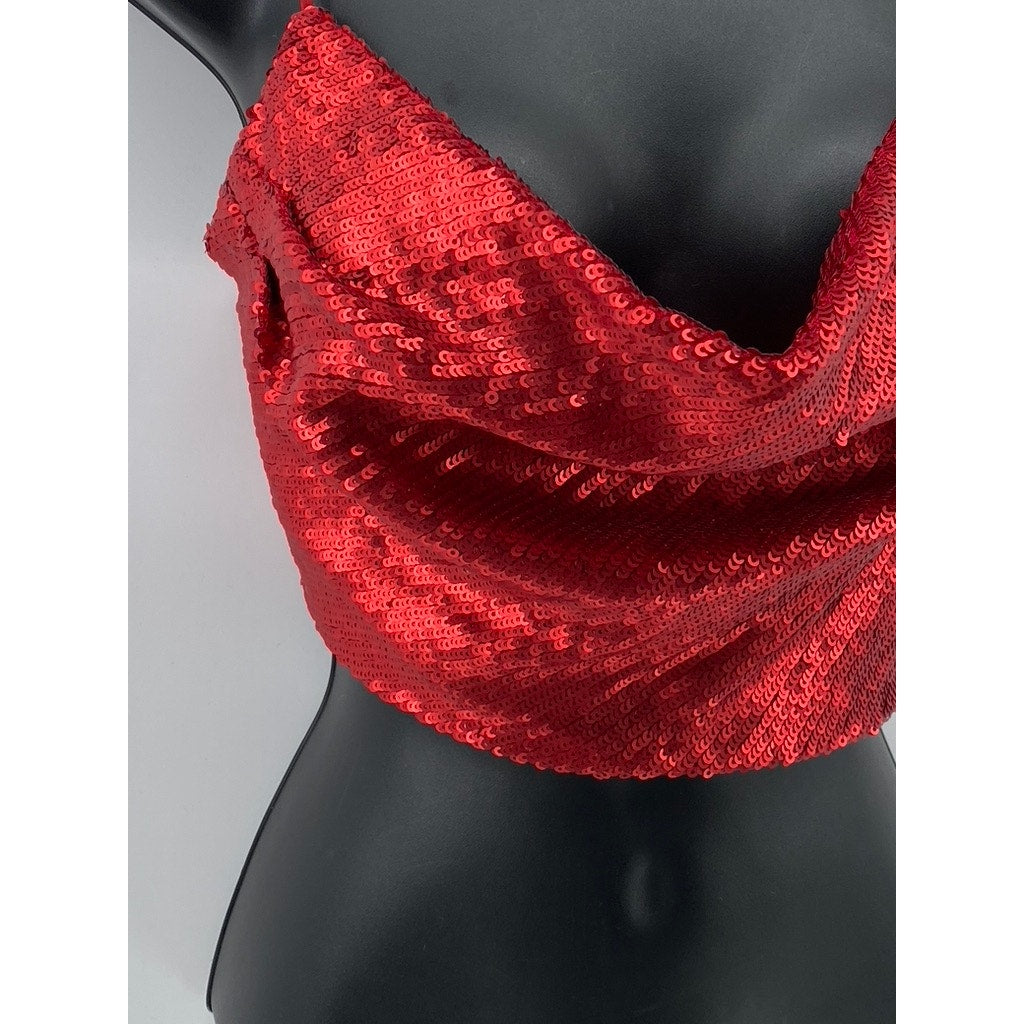 ZARA Women's Red Sequin Cowl-Neck Spaghetti Strap Cross Back Cropped Top SZ XS