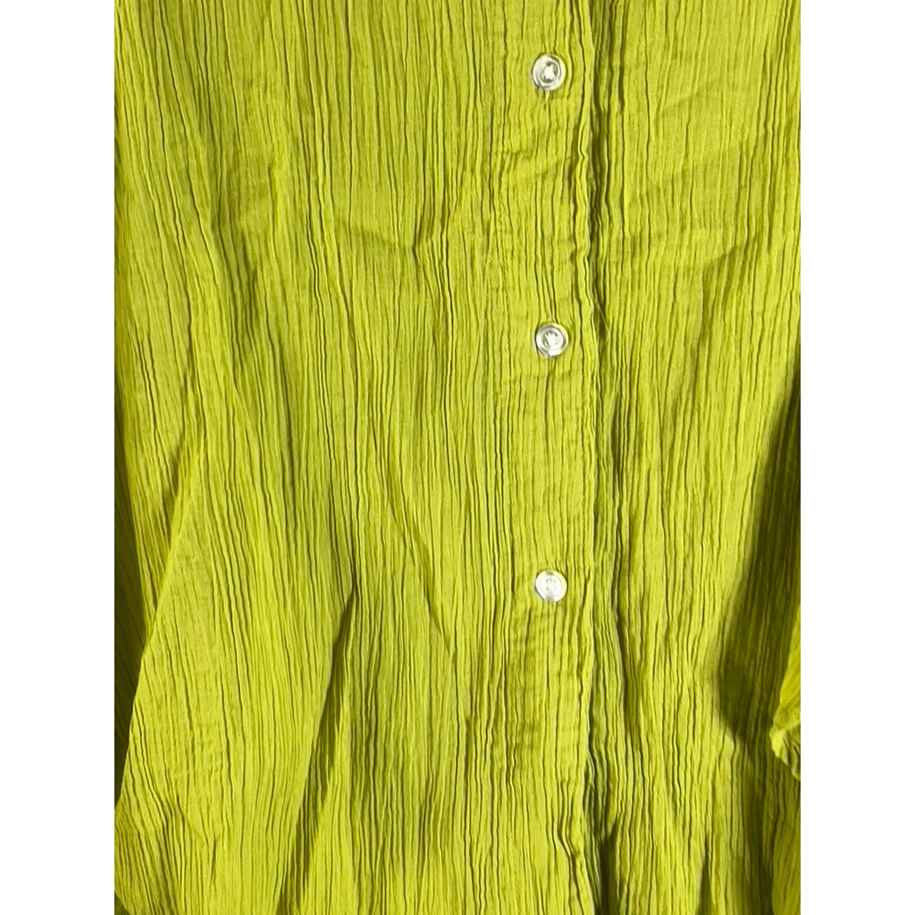 H&M Women's Yellow-Green Oversized Crinkle Long Sleeve Button-Up Top SZ S