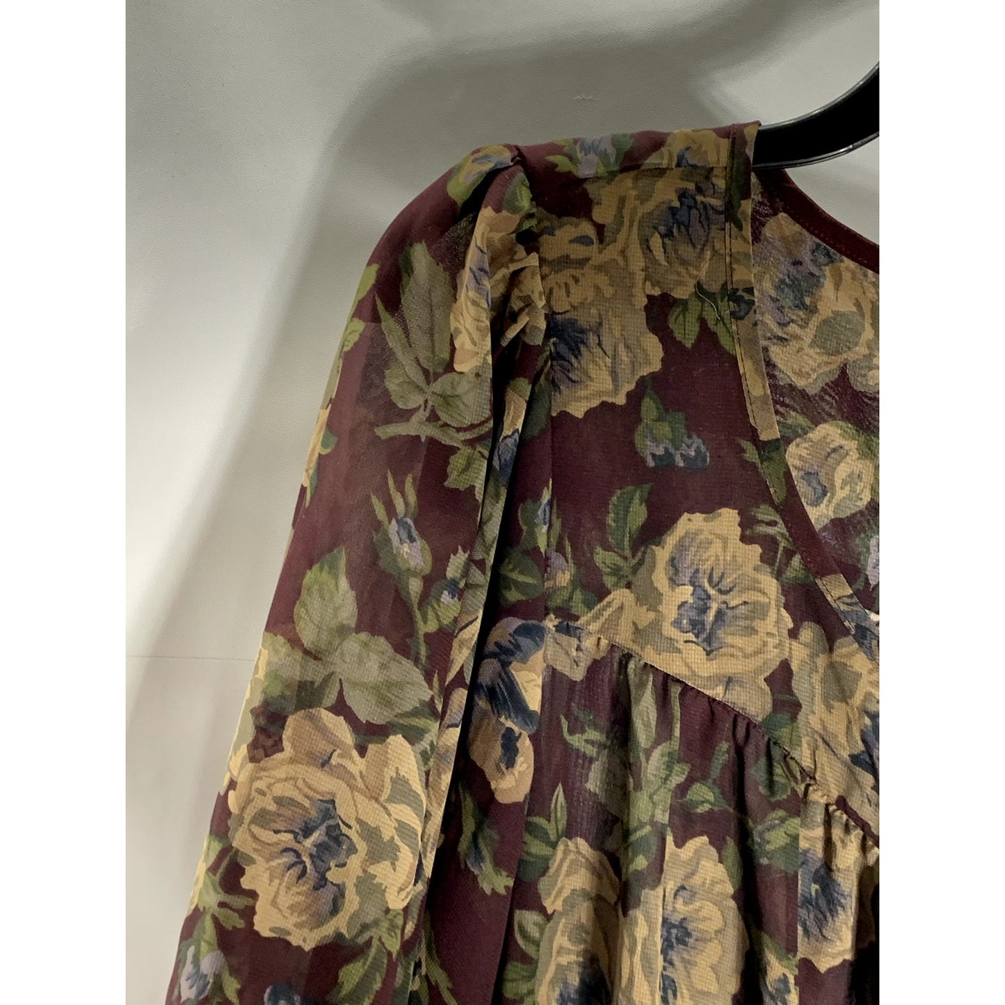 AMERICAN LIVING Women's Brown Floral Short Sleeve Ruffle Drawstring Hem Top SZ L