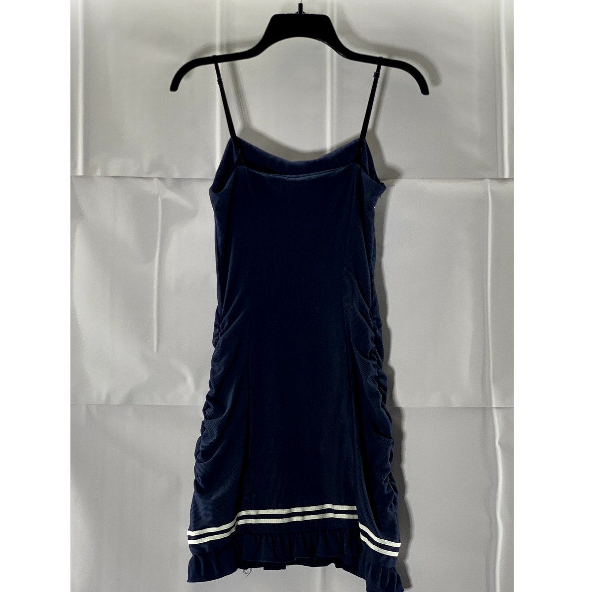 UNBRANDED Women's Navy/White Striped Ribbed Ruffle-Hem Ruched Mini Dress SZ 1