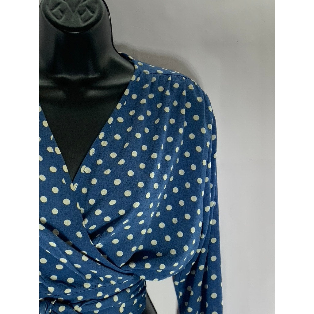 FIVESEVENTYFIVE Women's Blue/White Polka Dot Long Bell Sleeve Wrap Top SZ S