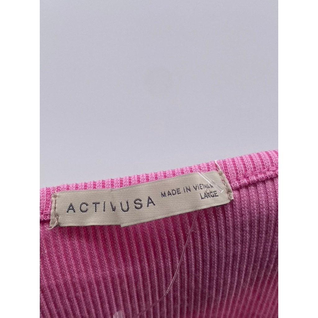 ACTIVE USA Women's Light Pink V-Neck Ribbed Button-Front Mini Dress SZ L