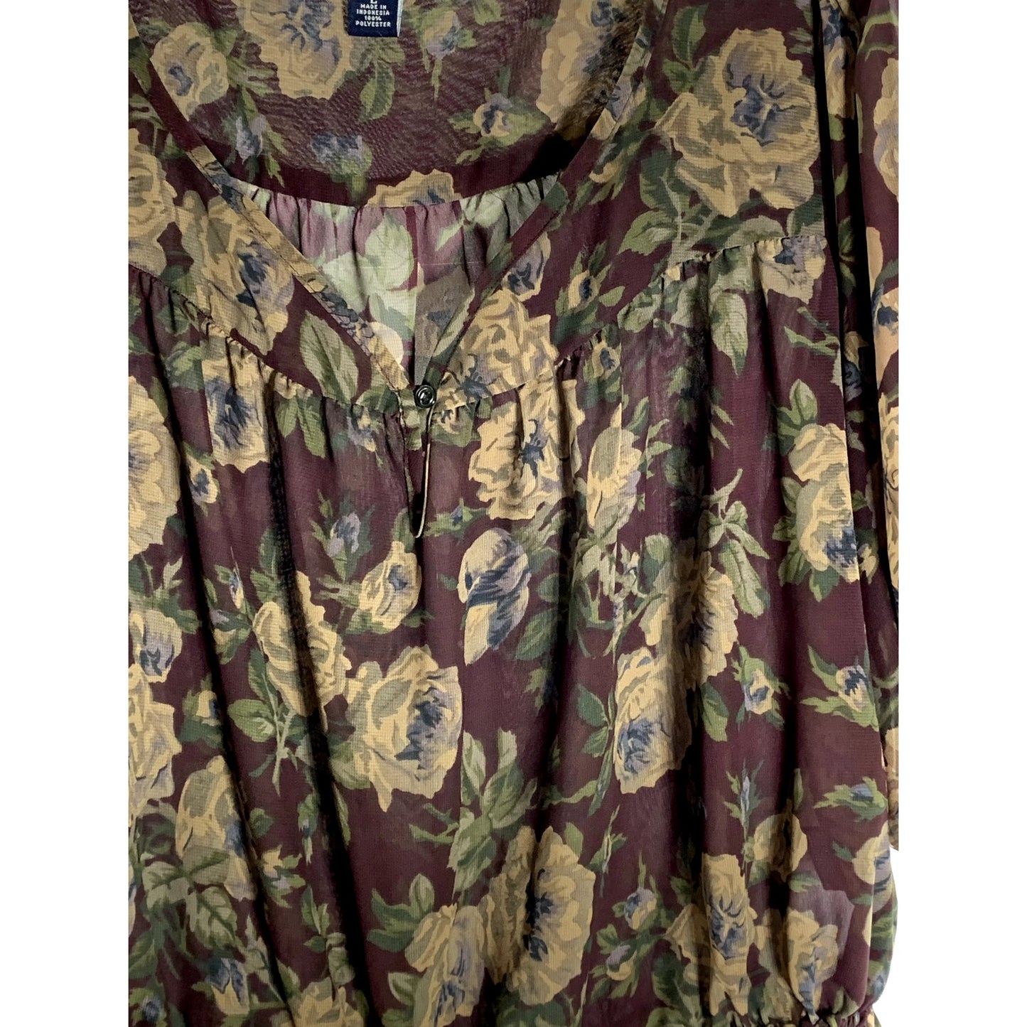 AMERICAN LIVING Women's Brown Floral Short Sleeve Ruffle Drawstring Hem Top SZ L