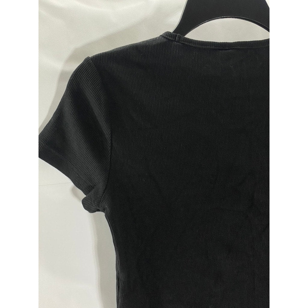 DIVIDED BY H&M Women's Black Crewneck Ribbed Short Sleeve Crop Top SZ L