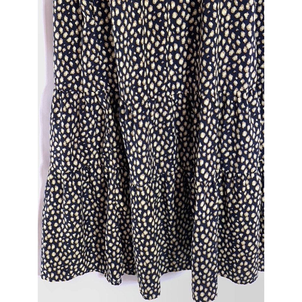 CALISTA Women's Navy Printed Crewneck Puff-Sleeve Tiered Midi Dress SZ L