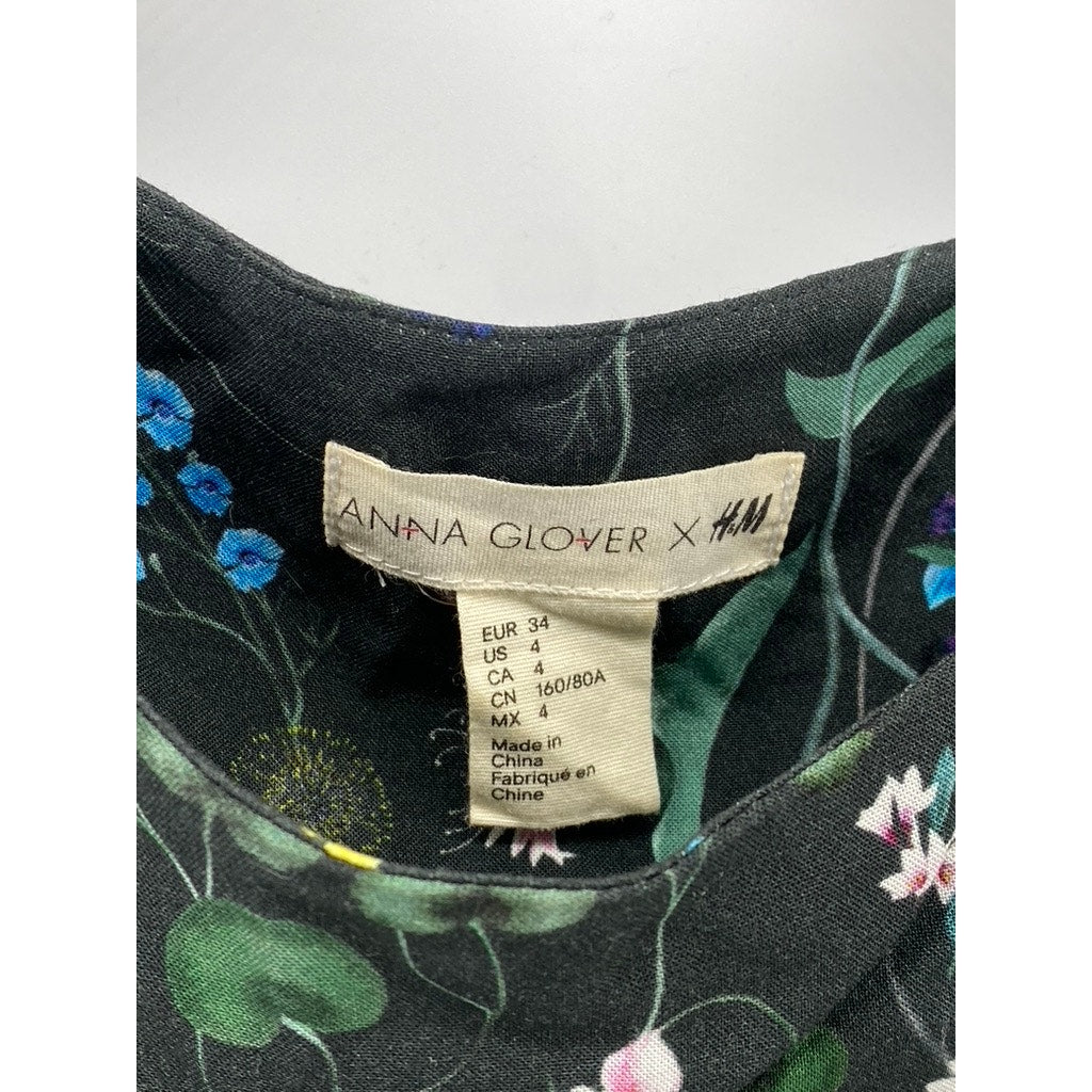 ANNA GLOVER X H&M Women's Black Floral Print Crewneck Short Sleeve Top SZ 4