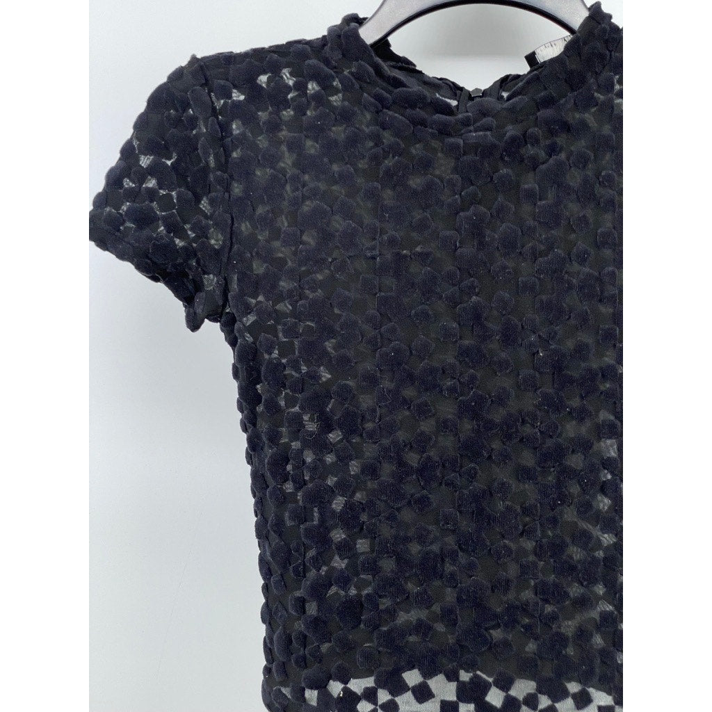 ZARA W&B Women's Black Mesh Textured Mock-Neck Short Sleeve Cropped Top SZ S