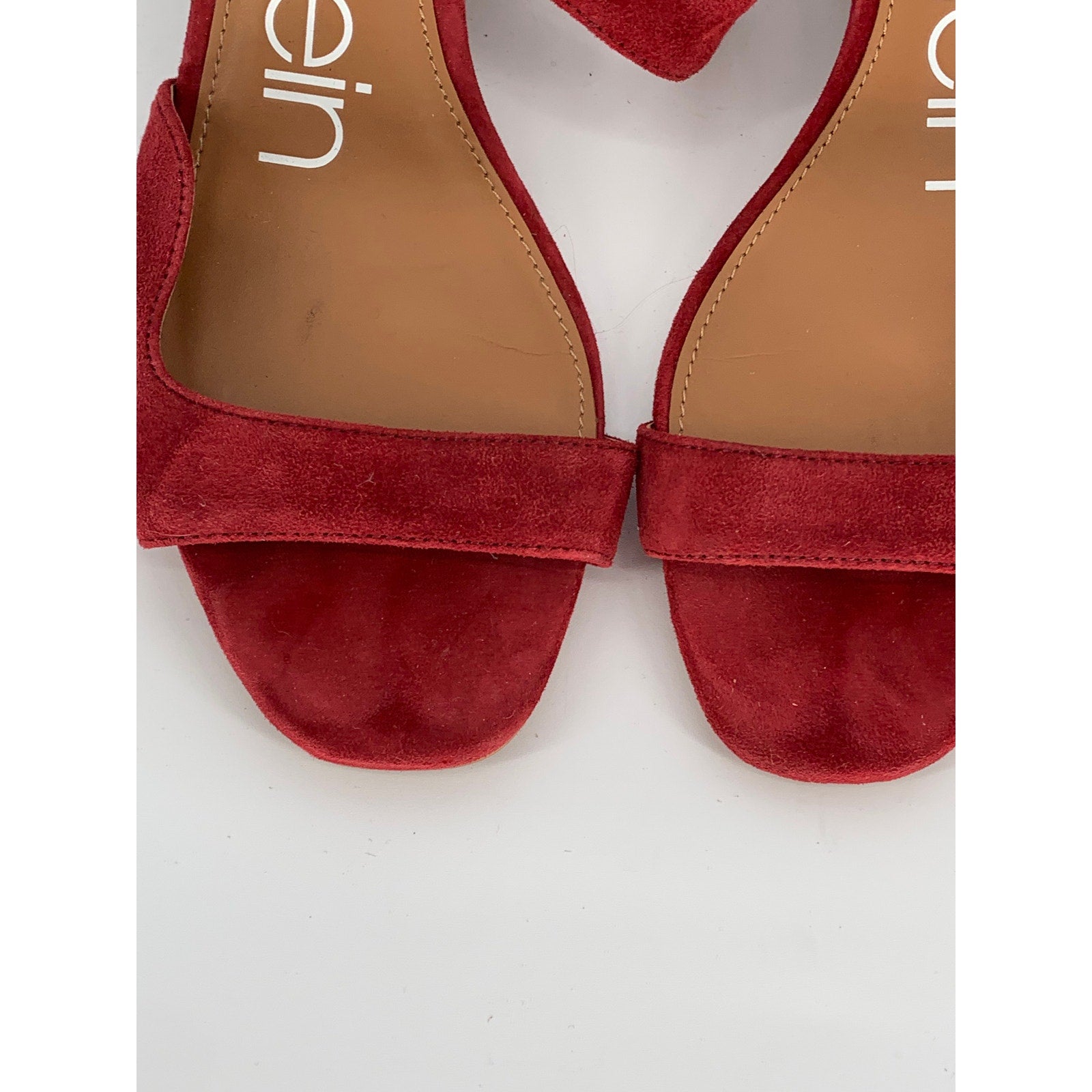 CALVIN KLEIN Women's Red Faux-Suede Open Toe Block-Heel Ankle Strap Sandals SZ 7