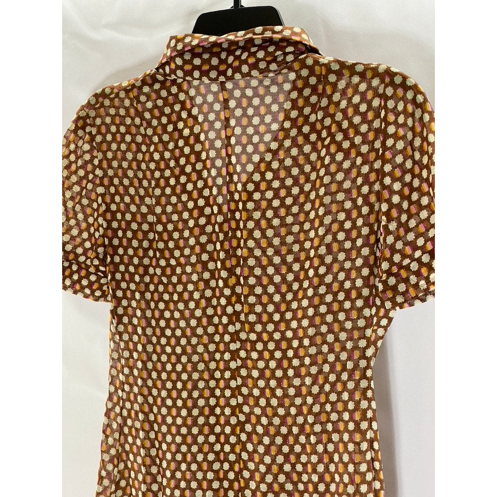 UNBRANDED Women's Brown Sheer Printed Short Sleeve Button-Front Shirt Dress SZ M