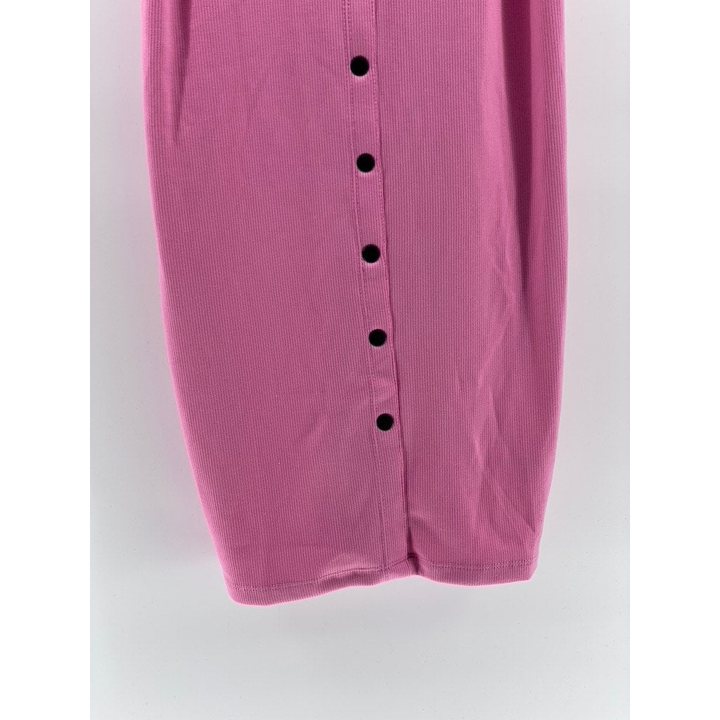 ACTIVE USA Women's Light Pink V-Neck Ribbed Button-Front Mini Dress SZ L