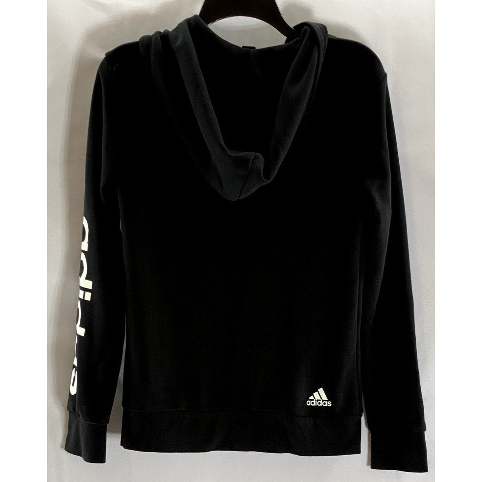 ADIDAS Women's Black/White Essential Linear Hooded Zip-Up Sweater SZ M