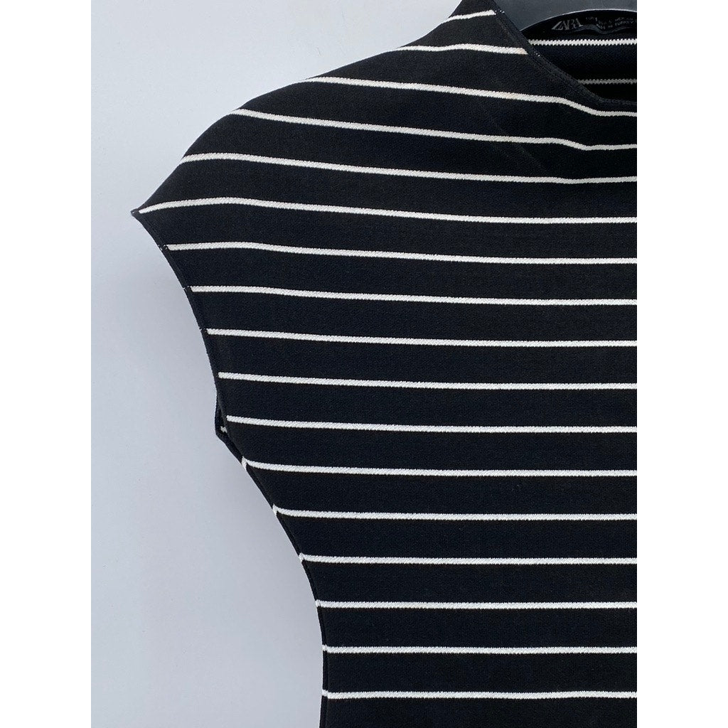 ZARA Women's Black-White Striped High-Neck Knit Short Sleeve Mini Dress SZ S