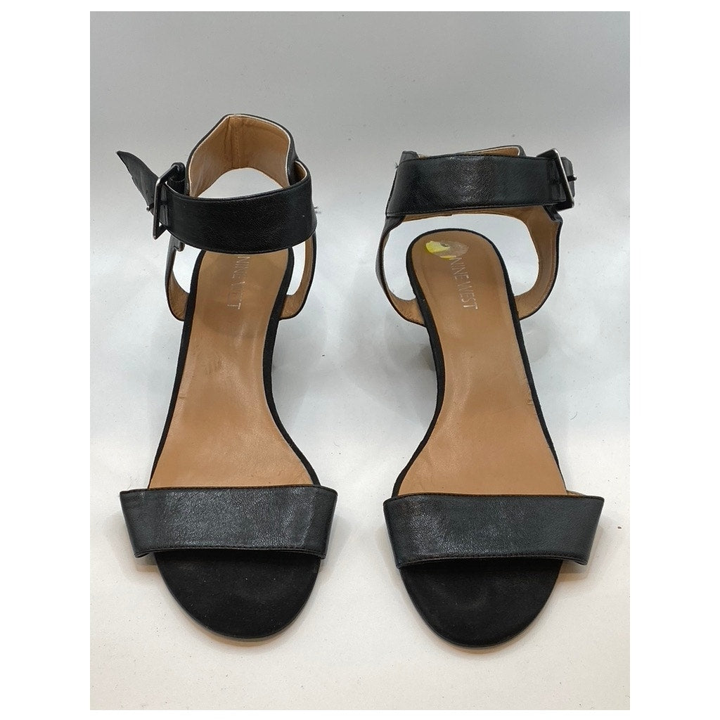 NINE WEST Women's Black Pepperman Round-Toe Ankle-Strap Wedge Sandals SZ 9