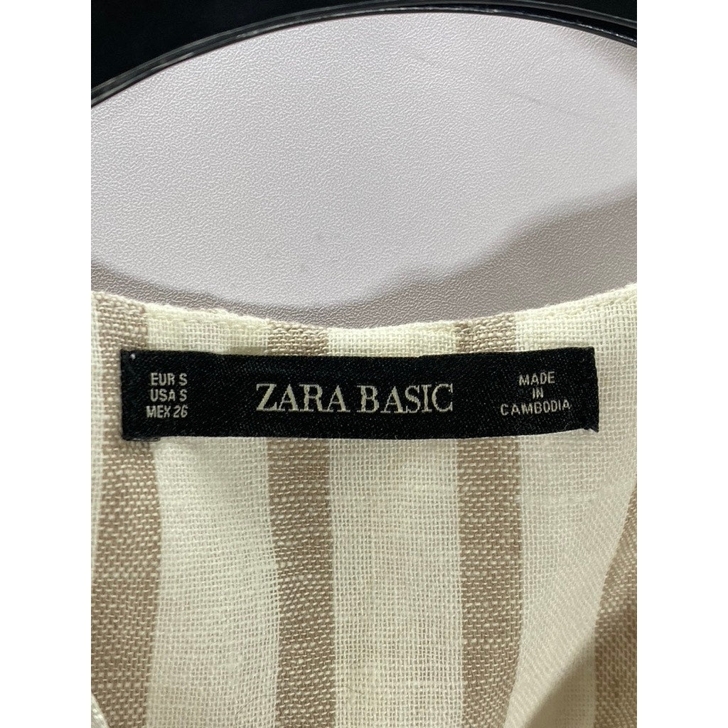 ZARA BASIC Women’s Beige Striped Tie-Neck Sleeveless Cotton-Linen Top SZ S