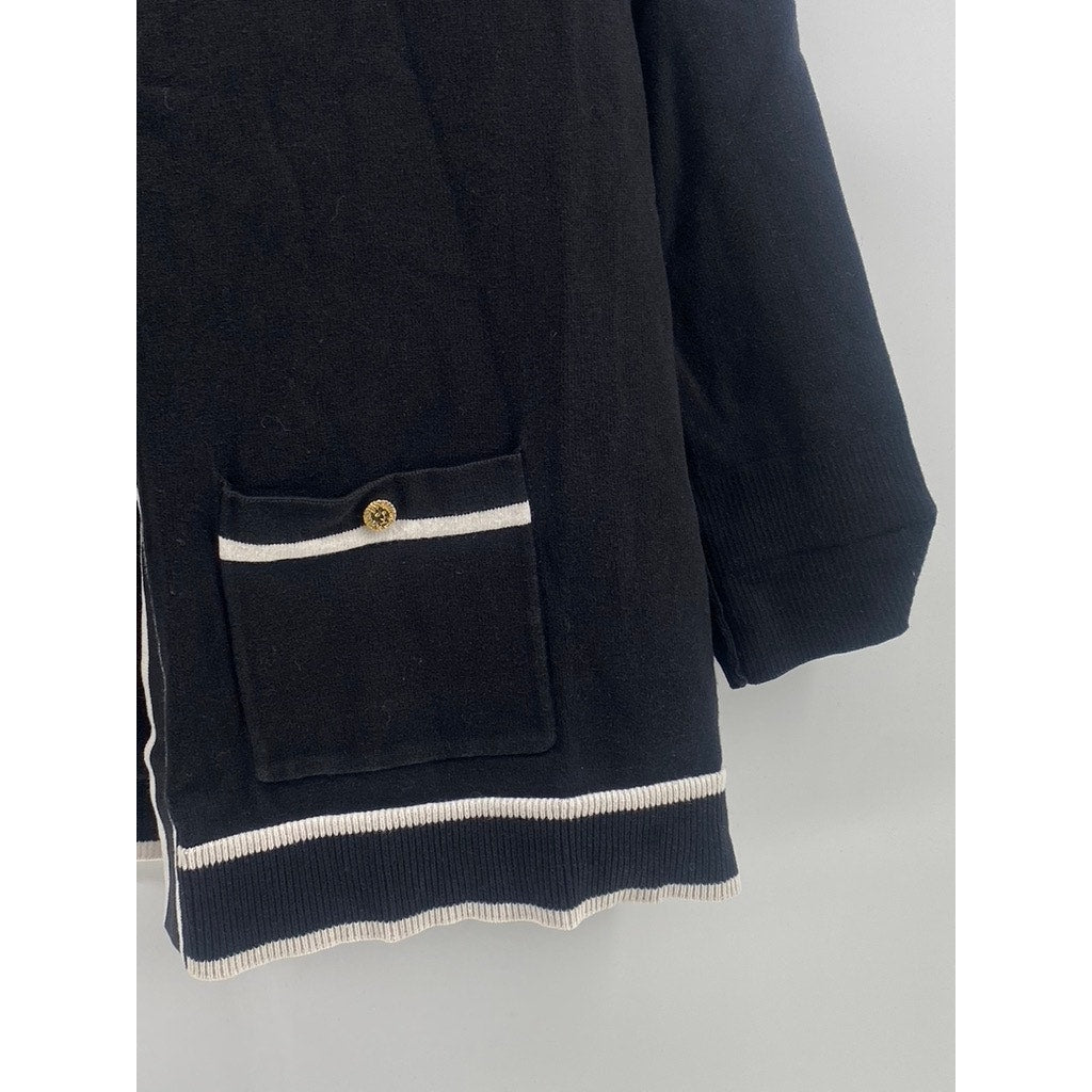 ANNE KLEIN Women's Black-White Malibu Open-Front Collarless Cardigan SZ M
