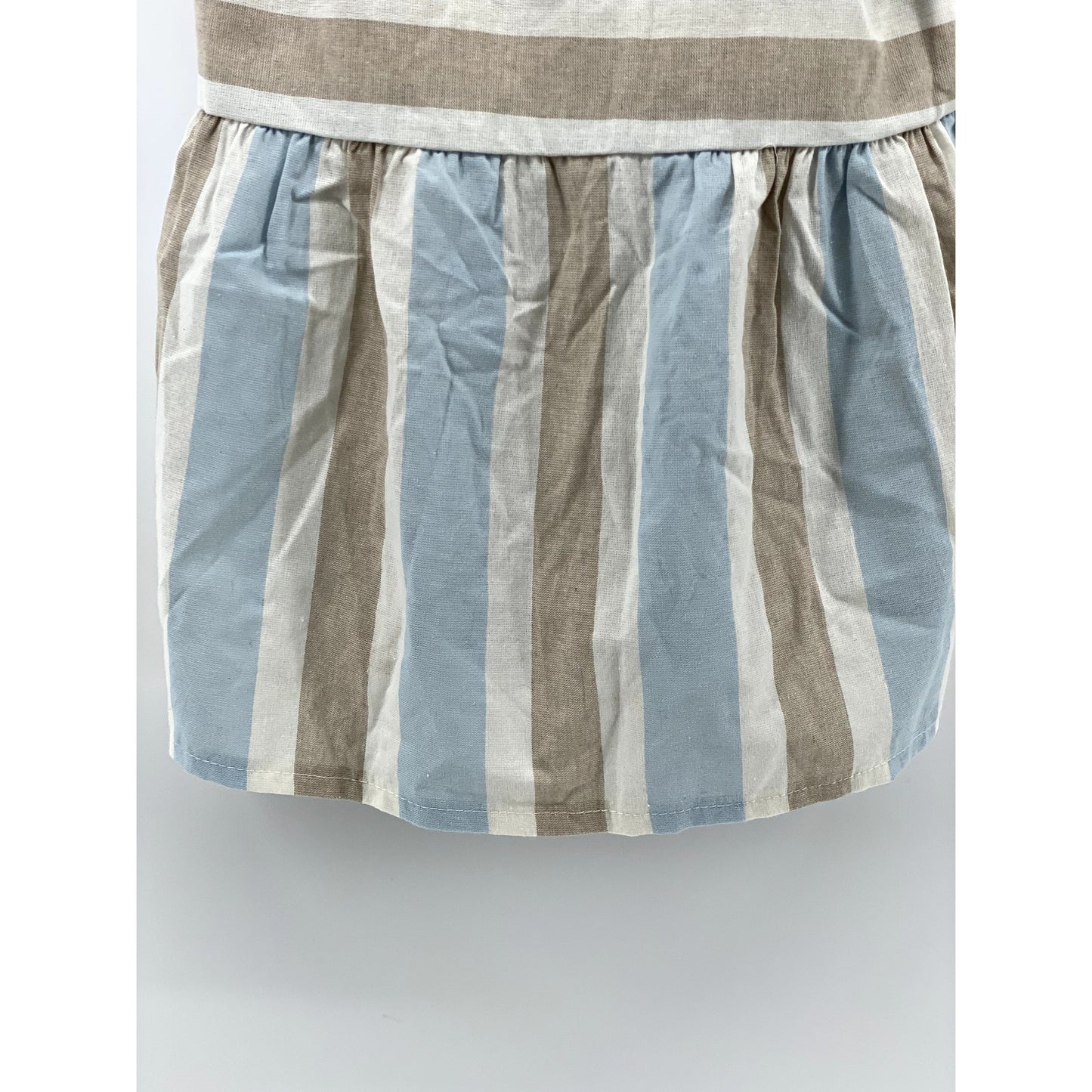 UNBRANDED Women's Blue-Tan Striped Straight-Neck Tie-Strap Ruffle Top SZ S