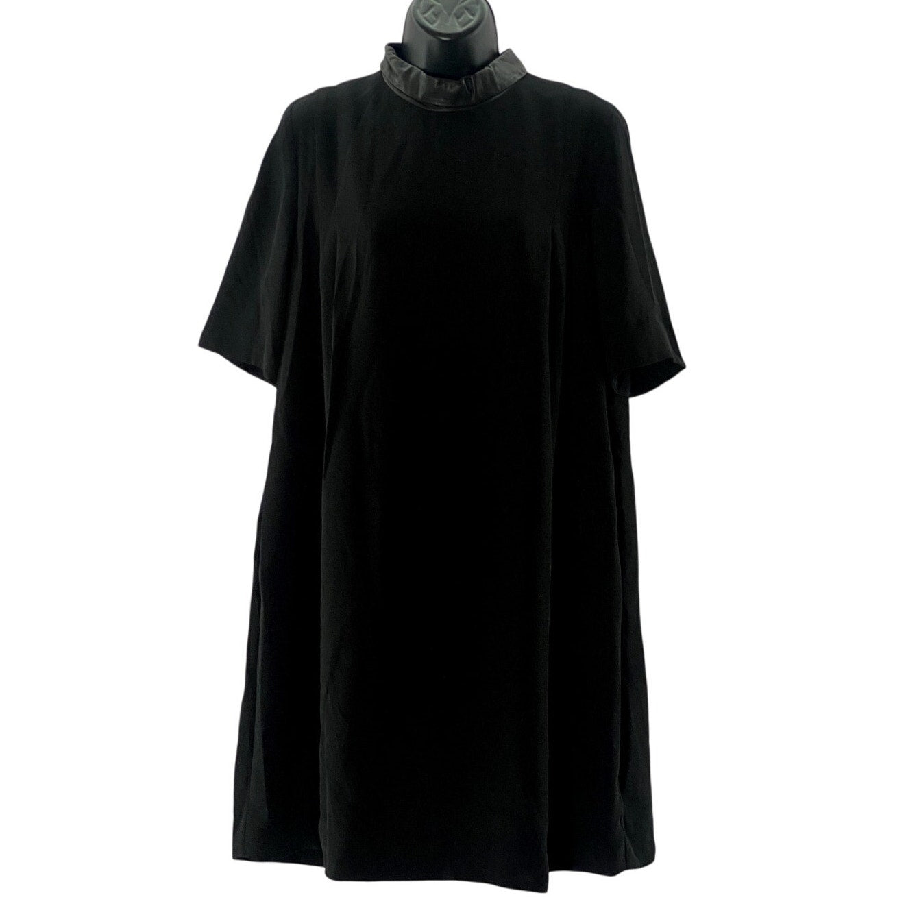 COS Women's Black Leather Collar Short Sleeve Straight Knee Length Dress SZ 8