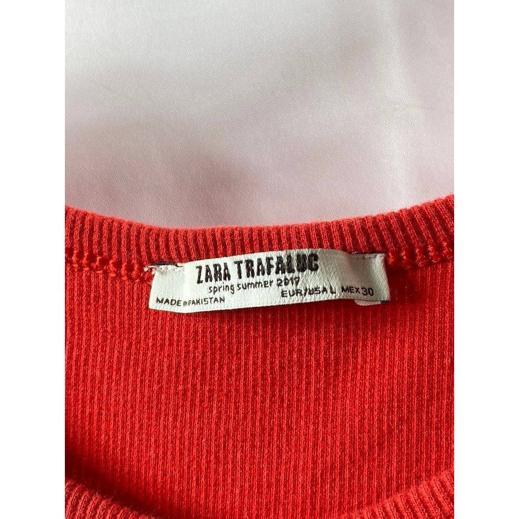 ZARA TRAFALUC Women's Red Ribbed Crewneck Casual Sleeveless Mini Dress SZ L