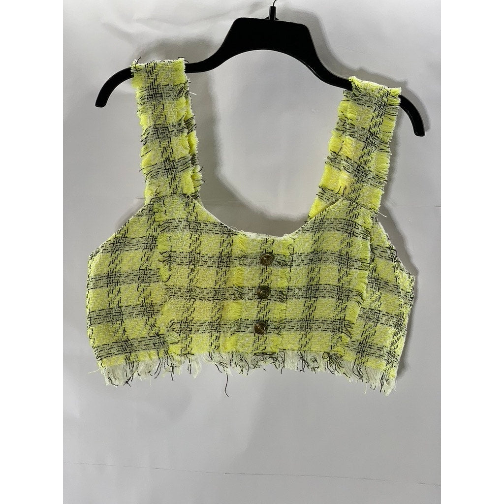 SHEIN Women's Yellow/Black Plaid Tweed Raw Cut Straight-Neck Crop Top SZ L