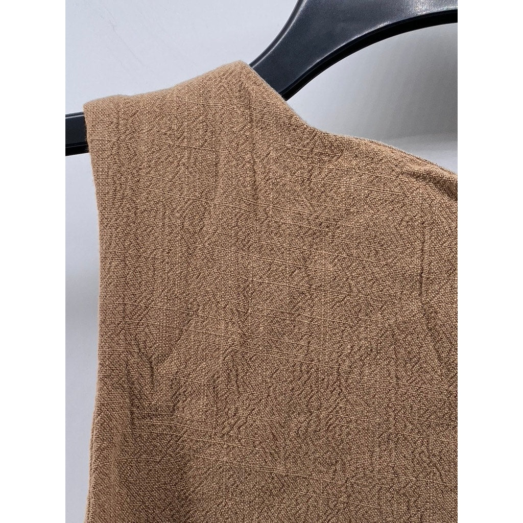 AUTOMET Women's Tan Linen-Blend Textured Straight-Neck Cropped Tank Top SZ S