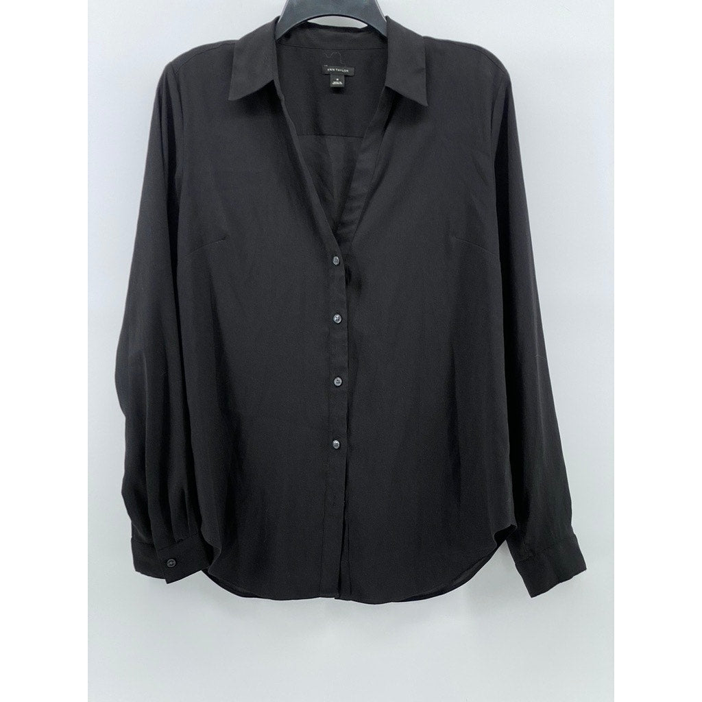 ANN TAYLOR Women's Black Solid Regular-Fit Button-Up Long Sleeve Top SZ M