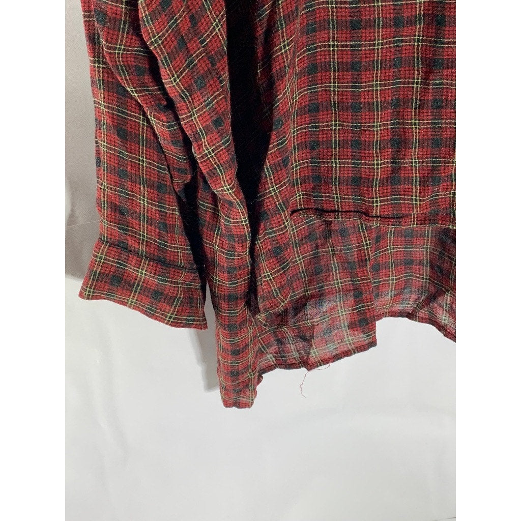 ZARA Women's Red/Green Plaid Long Sleeve Hi-Low Hem Henley Top SZ M