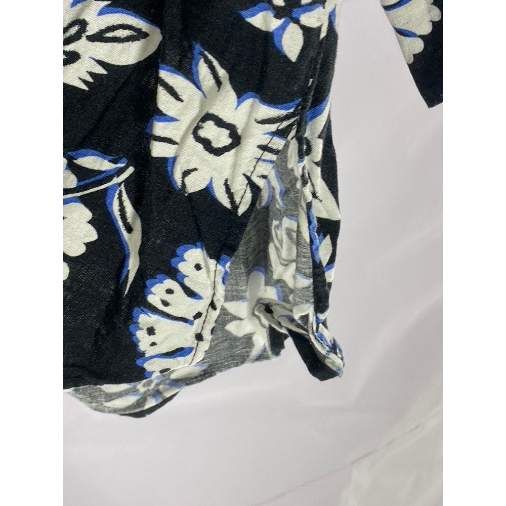 ZARA Women's Black/White Floral V-Neck Long Sleeve Tunic Top SZ S