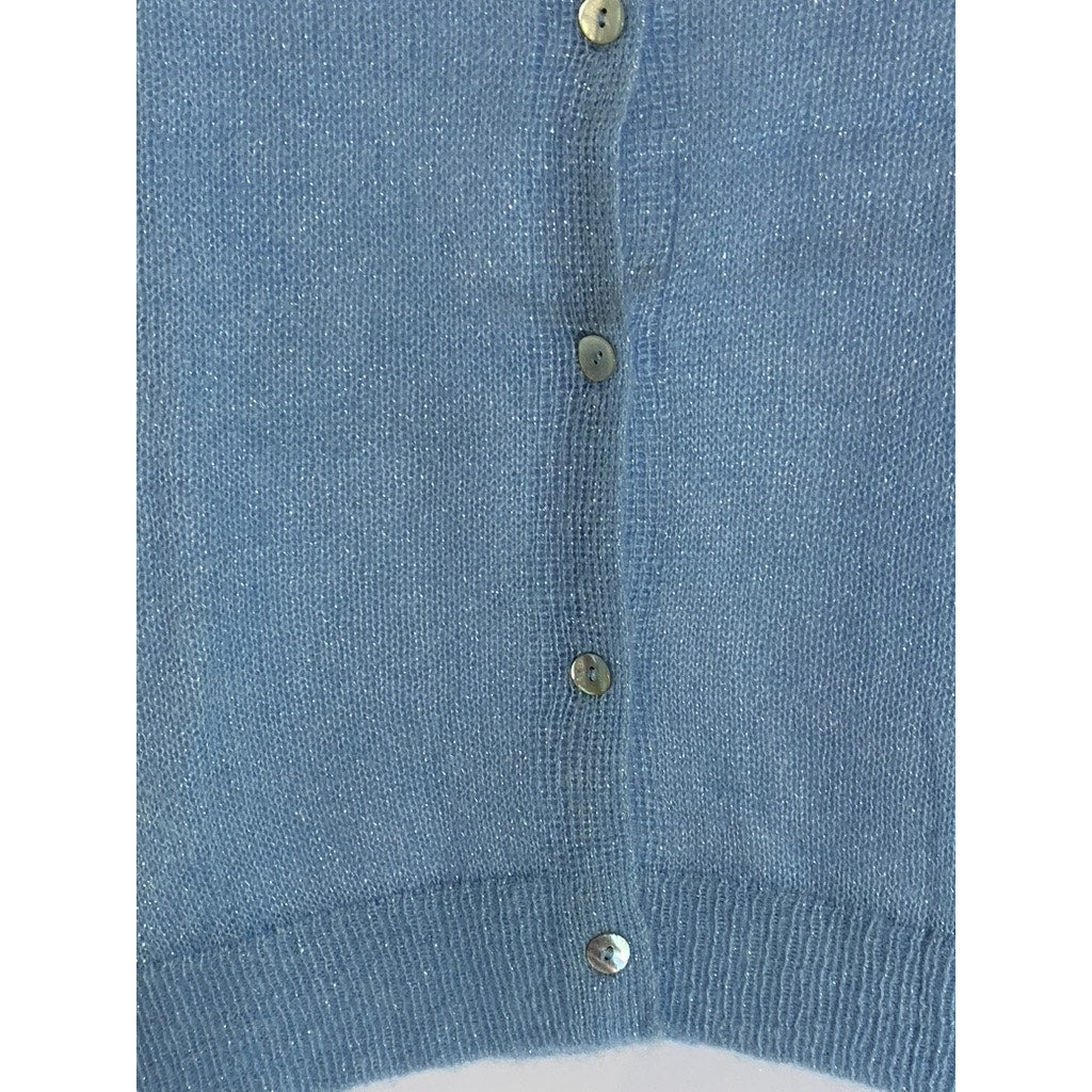 MANGO Women's Sky Blue Lurex Knit Button-Up Crewneck Cardigan SZ L